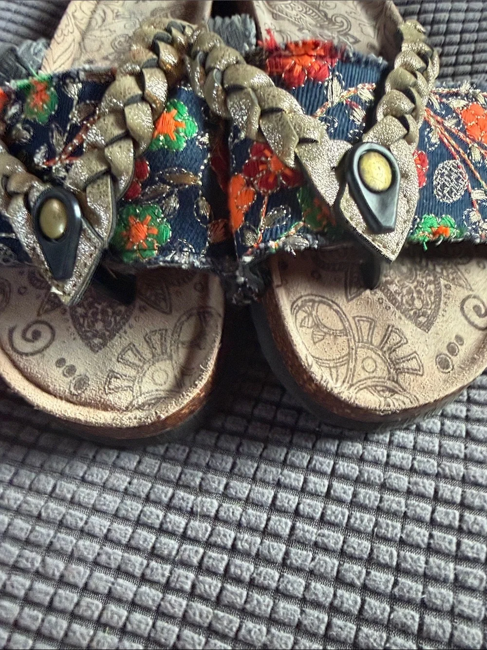 Muk Luks Floral Braided Slide Sandals - Black with Orange & Green Accents